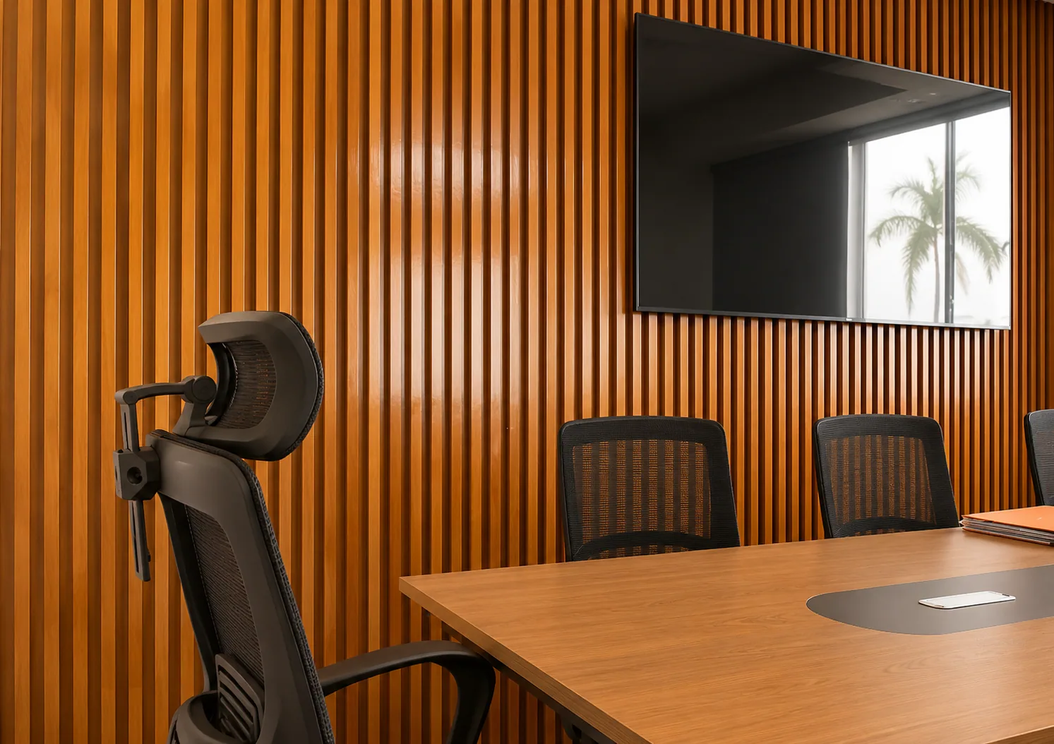 Espaço GBC com mesa de trabalho, cadeiras ergonómicas e Smart TV